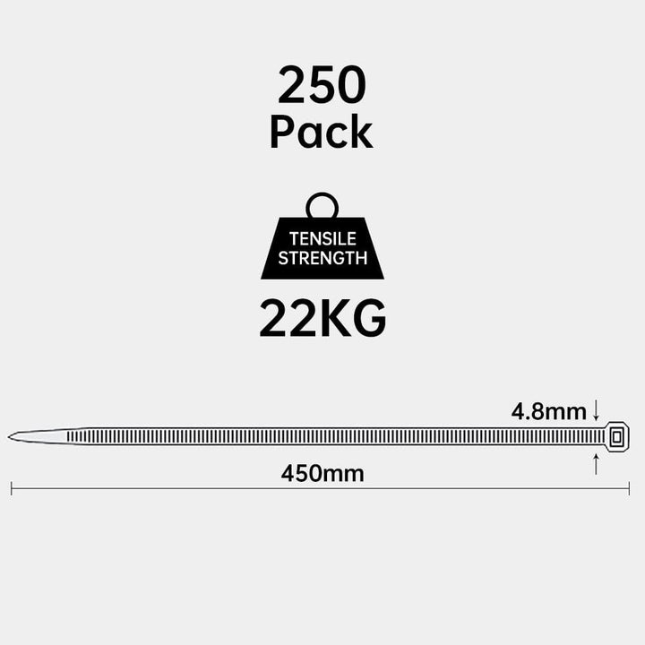 Oksdown Kabelbinder Schwarz 450mm × 4,8mm UV Beständig Nylon mit 22 kg Zugfestigkeit Extra lang Star