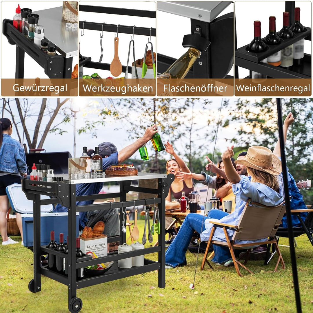 GOPLUS Grillwagen, Grilltisch Outdoor mit Griff, Ablagen, Haken, Winehalter & Rollen, multifunktiona