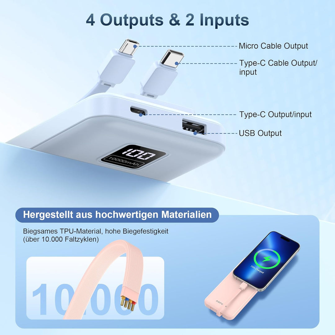 AsperX 2er Powerbank 10000mAh mit USB-C Kabel,4 Ausgängen Schnellladen,Power Bank Klein Aber Stark m