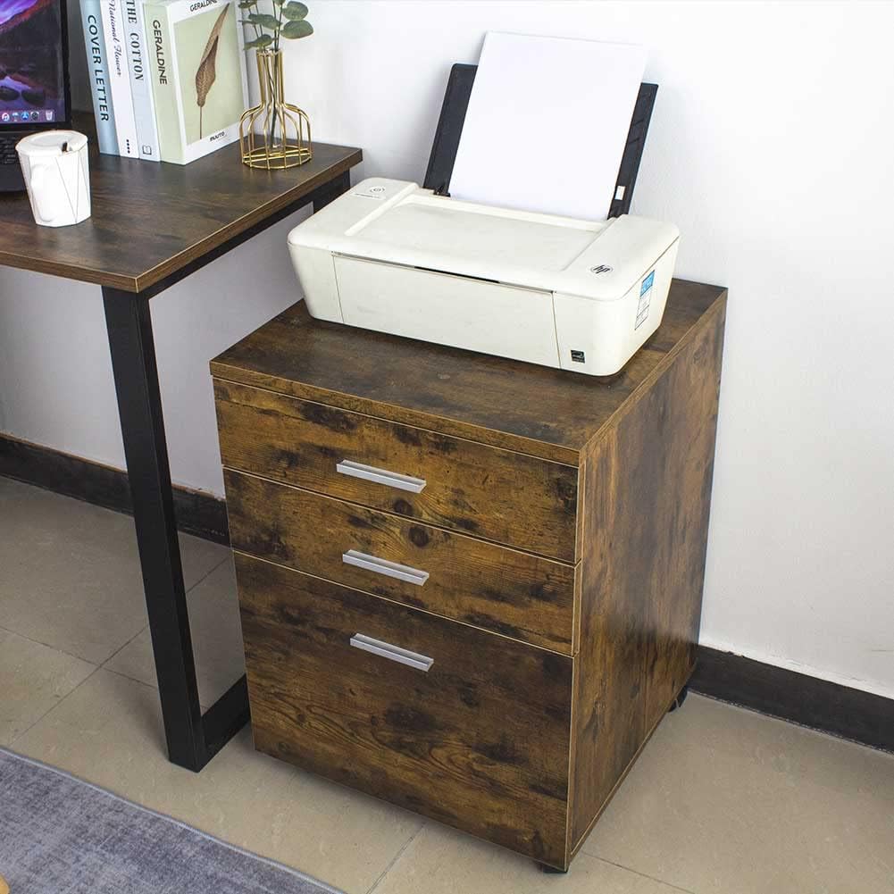 BAKAJI Kommode Schreibtisch Druckerschrank aus MDF-Holz mit 3 Schubladen und 4 drehbaren Rädern, mod