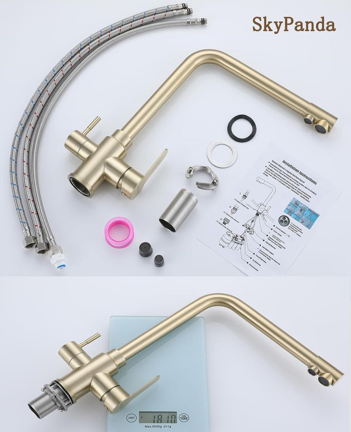 SkyPanda 3 Wege Küchenarmatur, Gold Trinkwasser Küchenarmatur mit Doppelhebel, Durchdringung 3-in-1,