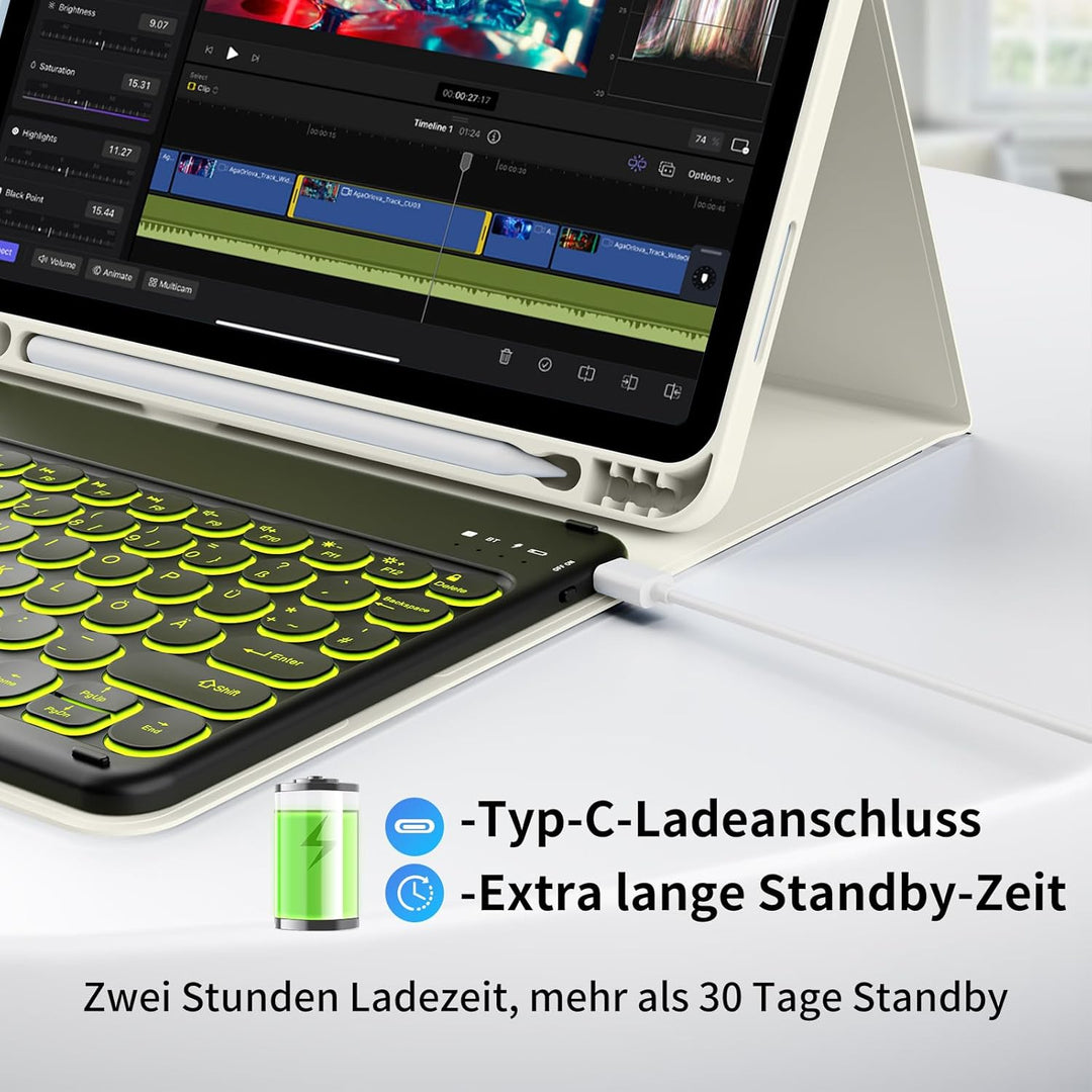 Hülle mit Tastatur Kompatibel mit iPad Air 6./ 5./ 4. Generation 11 Zoll M2/10,9 Zoll, 7 Farbige Bel