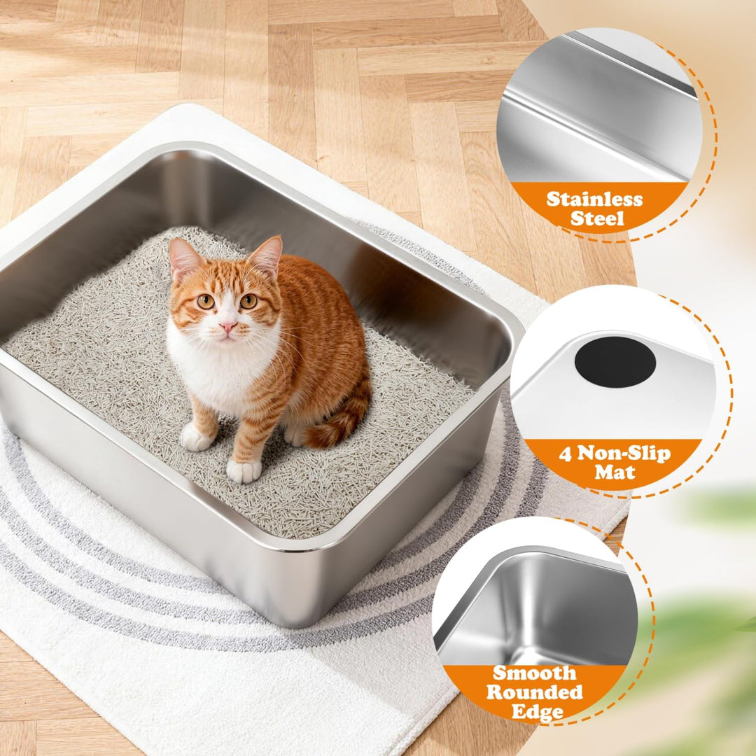 Nobleza Edelstahl Katzenklo 45x35x15cm - Kompakte Katzentoilette mit Anti-Rutsch Gummiboden, Hop-in