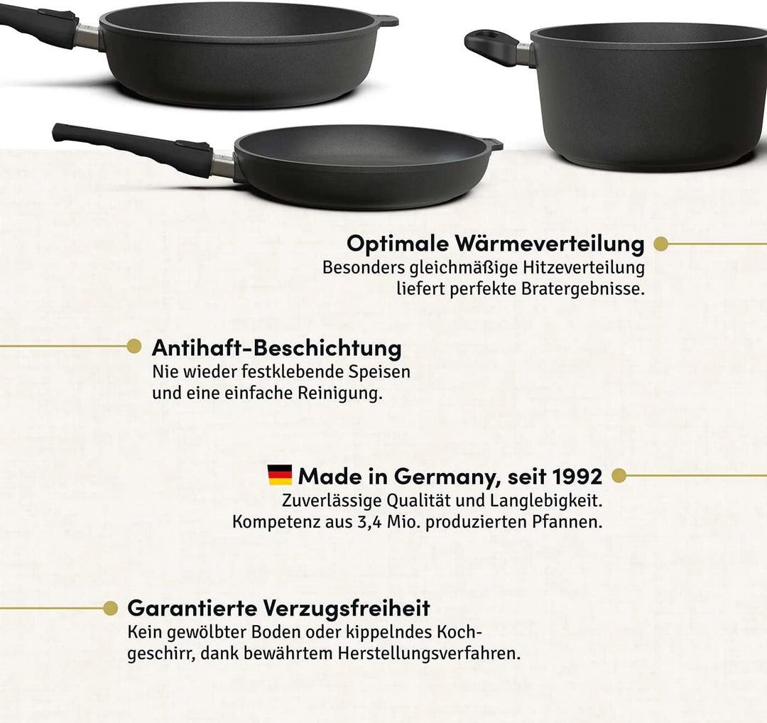Hoffmann Aluguss Topf und Pfannenset mit Glasdeckel und abnehmbarem Stiel, 6-teilig I Für alle Herda