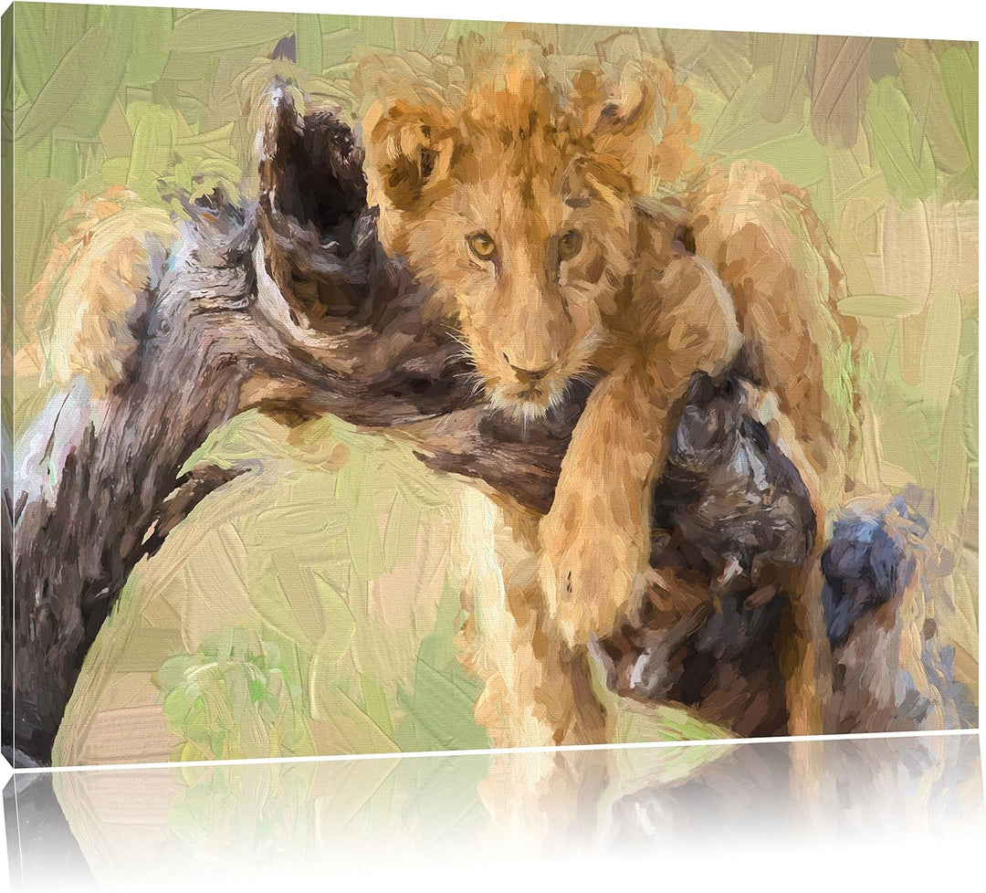Pixxprint Junger Löwe in der Natur Kunst / 100x70cm Leinwandbild bespannt auf Holzrahmen/Wandbild Ku