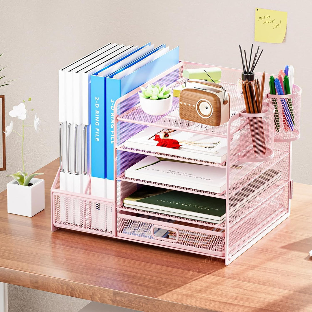 Marbrasse Schreibtisch Organizer mit Aktenhalter, 5 Ebenen Papier Briefablage mit Schublade und 2 St