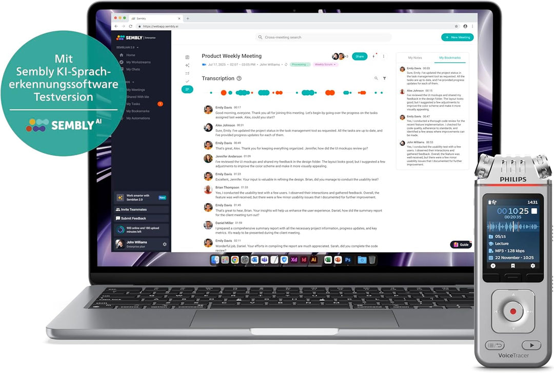 Philips DVT4115 VoiceTracer, Audio Recorder, MP3/PCM, 3 HiFi-Mikrofone, exzellente Fernaufnahme, Ink