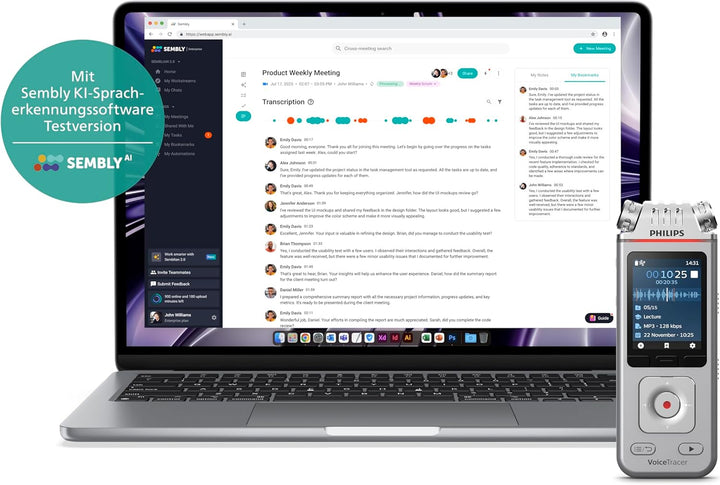 Philips DVT4115 VoiceTracer, Audio Recorder, MP3/PCM, 3 HiFi-Mikrofone, exzellente Fernaufnahme, Ink