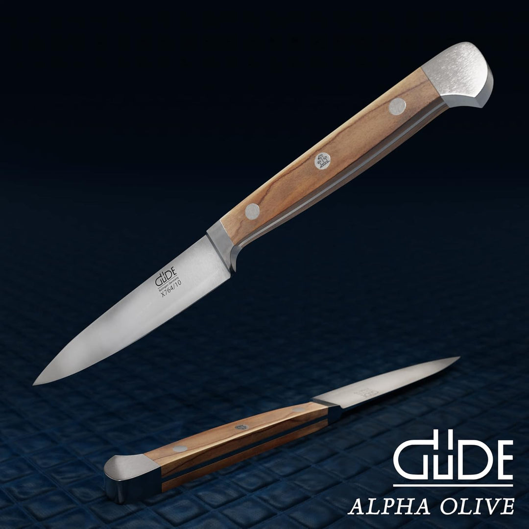 GÜDE Solingen - Spickmesser geschmiedet, 10 cm, Olivenholz, ALPHA OLIVE, Office Messer, Doppelkropf,