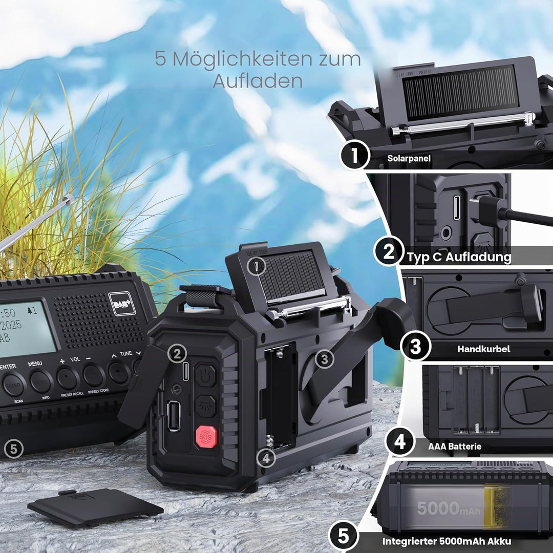 DAB/DAB+/UKW Digitalradio mit Eingebaute 5000mAh Akku Solar Radio Notfallradio mit USB Handyladefunk