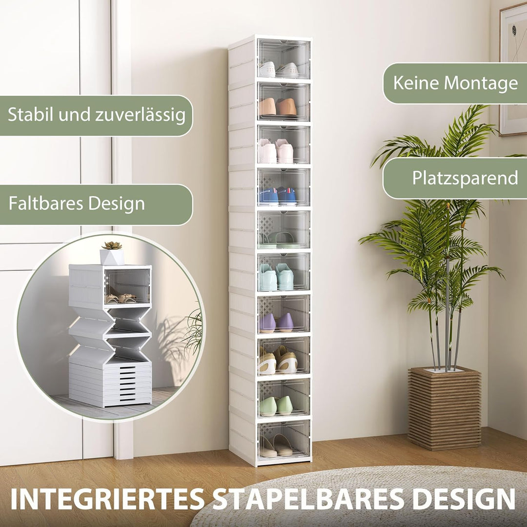 HOMCOM Schuhboxen 10 Stück Stapelbare und Faltbar Schuh-Organizer mit Transparenten Türen, Platzspar