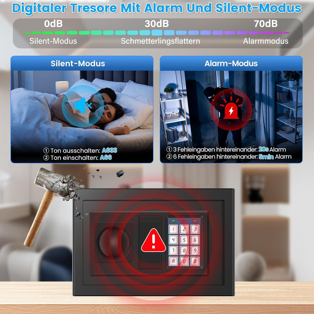Digitaler Safe Tresor für Zuhause mit Feuerfester Tasche, Kleiner Tresor mit Zahlenschloss, Alarmmod