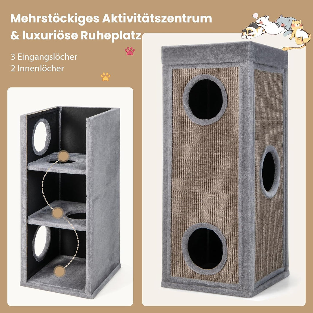 GYMAX Kratztonne 40 x 40 x 99 cm, 4-stöckige Katzentonne mit 3 Höhlen, abnehmbare Plüschkissen &amp; 2 K