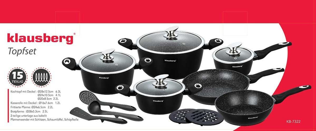 Klausberg 15-TLG Kochtopfset Topfset Granitbeschichtung MARMO KB-7322