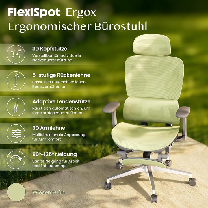 FLEXISPOT ErgoX Ergonomischer Bürostuhl mit Fussstütze Schreibtischstuhl, 3D-Armlehnen, 3D-Kopfstütz