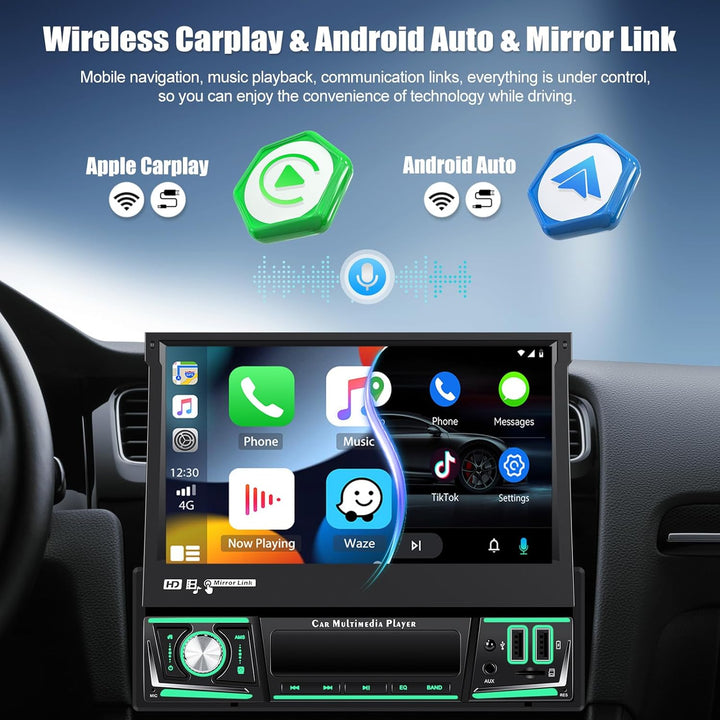 CAMECHO [Android 15] 2+64G 7 Zoll Autoradio 1 Din Wireless Carplay Touchscreen Navi Radio Ausfahrbar