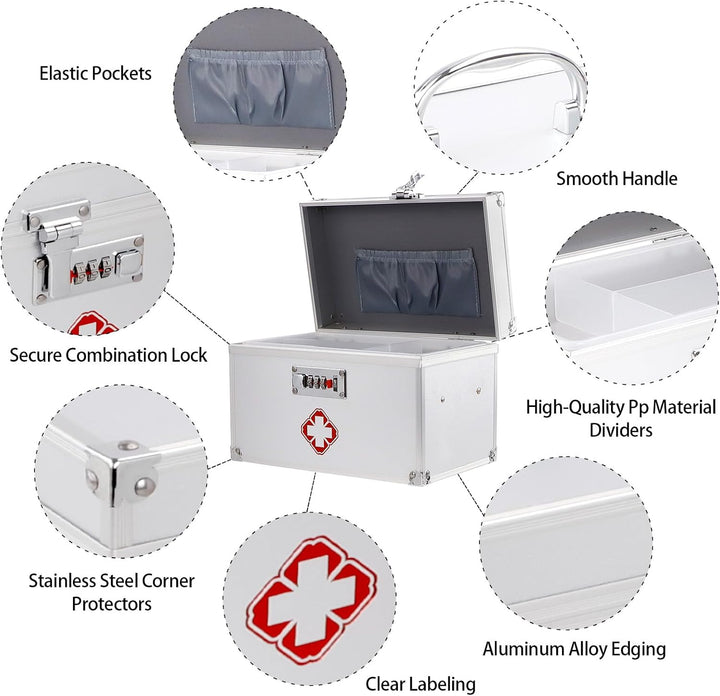Abschliessbare Medikamentenbox, Portable Erste-Hilfe Koffer, 24.5 x 14 x 16cm, Aufbewahrungsbox, Alu