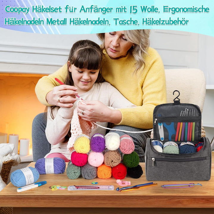 Coopay Tragbar Häkelset für Anfänger, Häkelnadel Set mit 15 Wolle, Tasche, Häkelzubehör, Ergonomisch