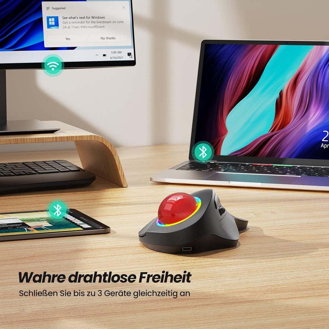 Nulea M505B Mouse Kabellose Trackball-Maus, wiederaufladbare ergonomische RGB-Rollerball-Maus, einfa