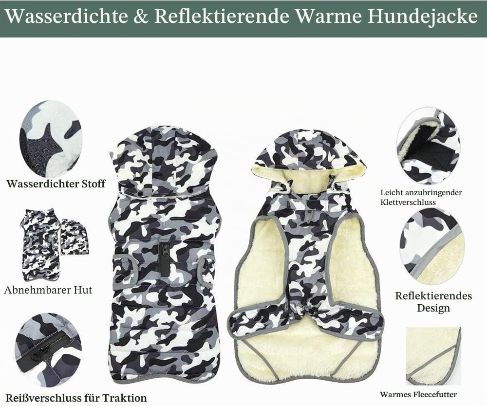 Winter Hundejacke with Abnehmbarem Hut, Hundemantel Wasserdicht Reflektierend Hund Mantel Warme Hood