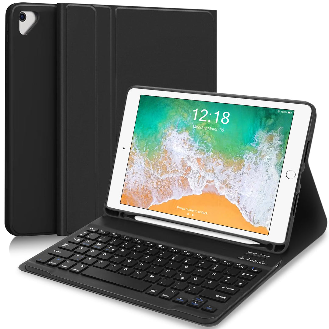 YUEJIDZ Tastatur Hülle für iPad 9.7 2018 (6. Generation)/5. Generation 2017, iPad Air 2 & 1, Magneti