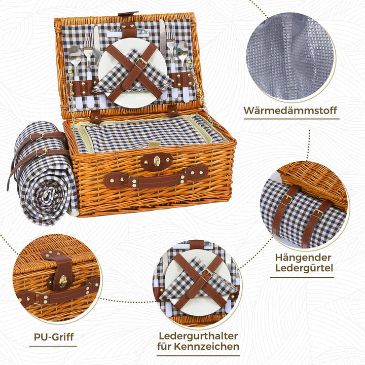 Picknickkorb Set für 2 Person mit Kühlfach und wasserdichte Picknickdecke, Abnehmbarer Riemen, Weinb