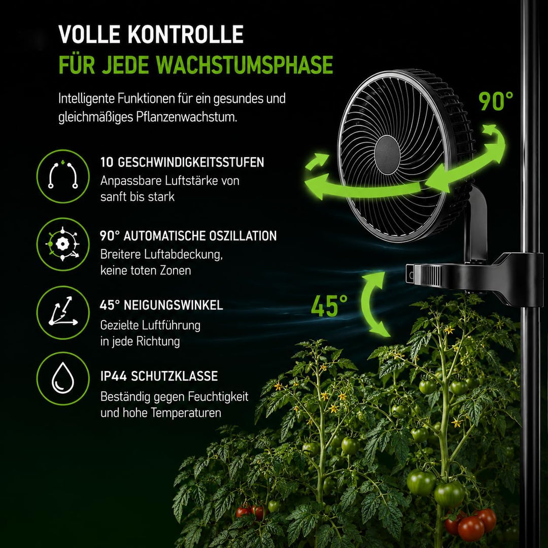 Grow Ventilator Oszillierend mit Clip, 10 Stufen EC-Motor 9W Ventilator für Growzelt &amp; Growbox, 325