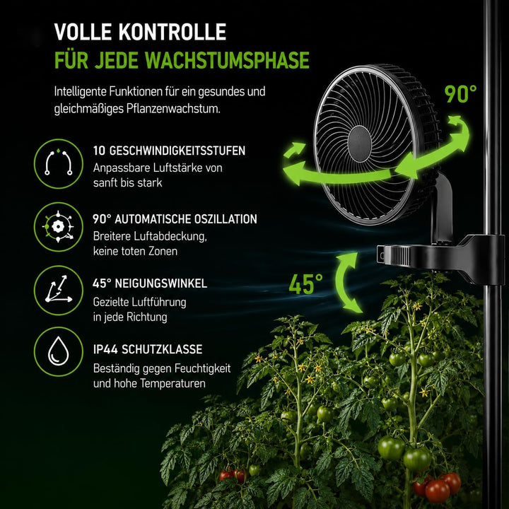 Grow Ventilator Oszillierend mit Clip, 10 Stufen EC-Motor 9W Ventilator für Growzelt &amp; Growbox, 325