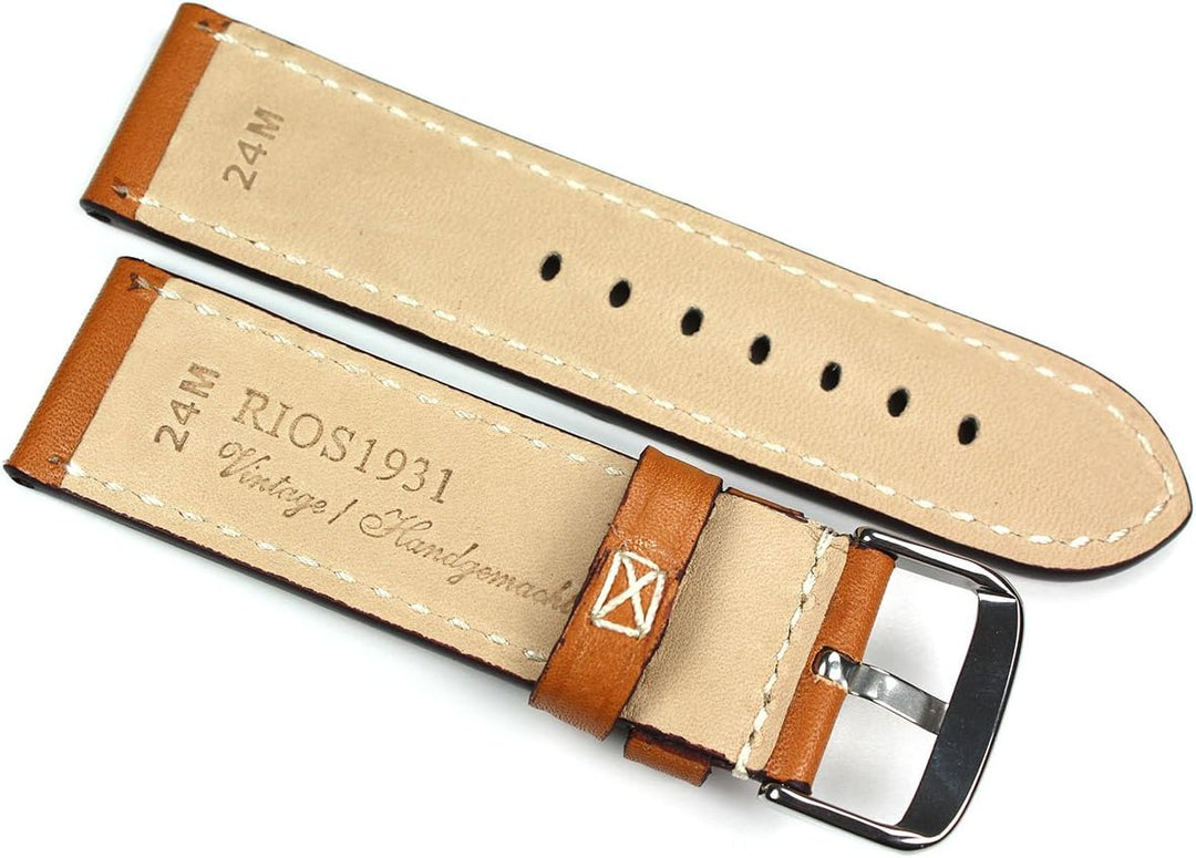 RIOS1931 24mm Kalbsleder Deutsch robust Uhrenarmband Vintage Fliegerband hell braun mit Nieten NT