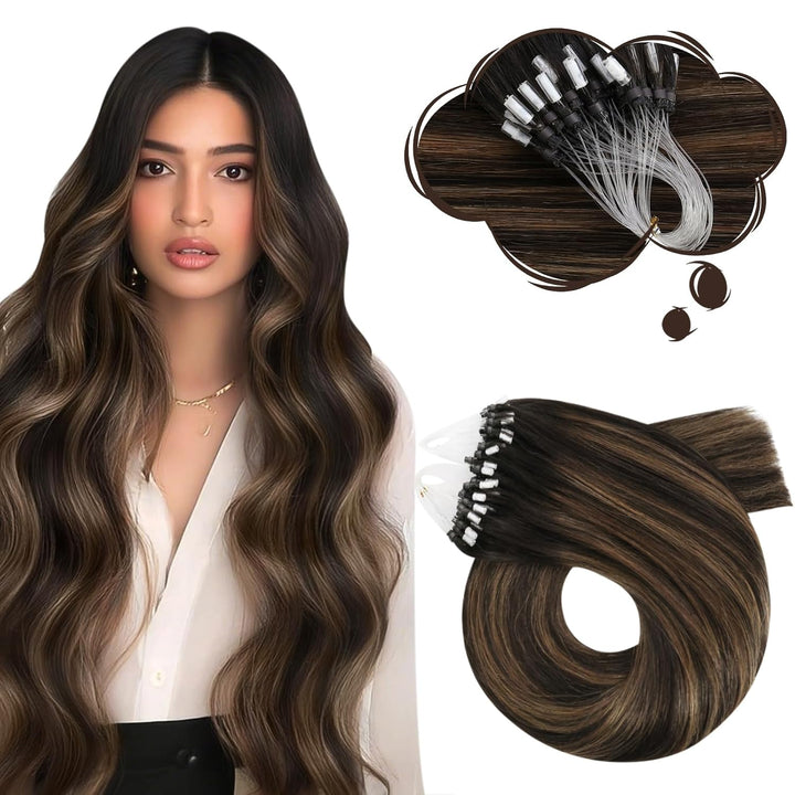 Moresoo Braun Microring Extensions Echthaar Remy 55 cm Microring Haarverlangerung Echthaar Balayage