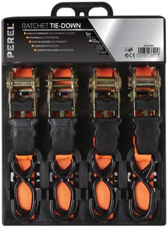 Toolland Spanngurt mit Ratsche, 4er Pack, zweiteilig, 8 S-Haken, uv-beständig, wasserabweisend, für