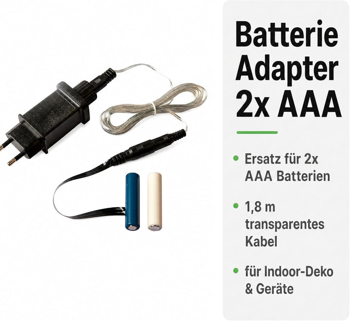 Hellum Batterieadapter 2X AAA 3 V Netzteil Adapter 2 AAA Batterien, 1,8 m transparentes Kabel, flach