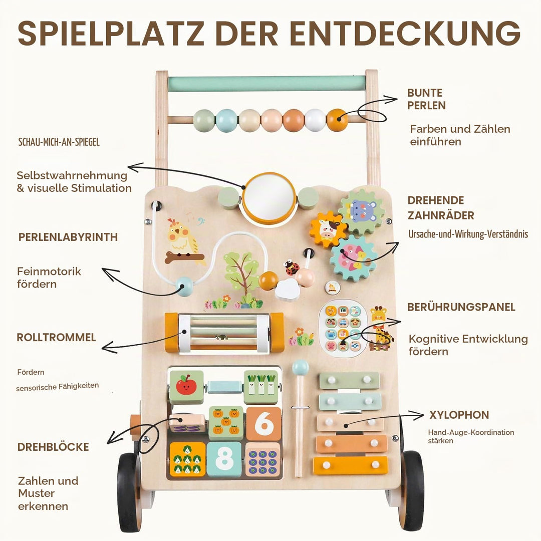 Lauflernwagen aus Holz für Mädchen und Jungen, Montessori-Aktivitätszentrum für Babys, einstellbare