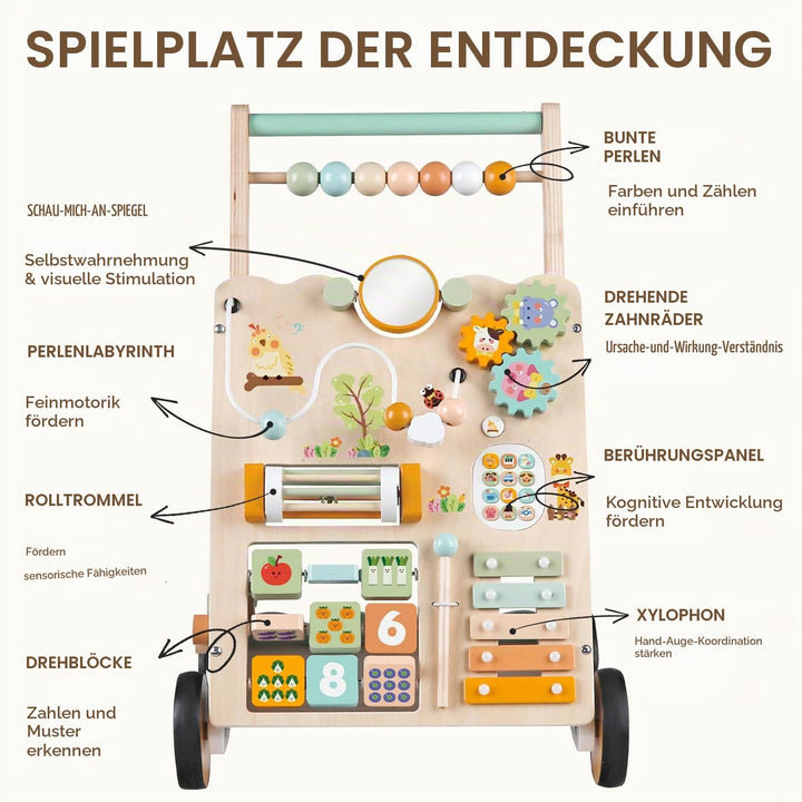 Lauflernwagen aus Holz für Mädchen und Jungen, Montessori-Aktivitätszentrum für Babys, einstellbare