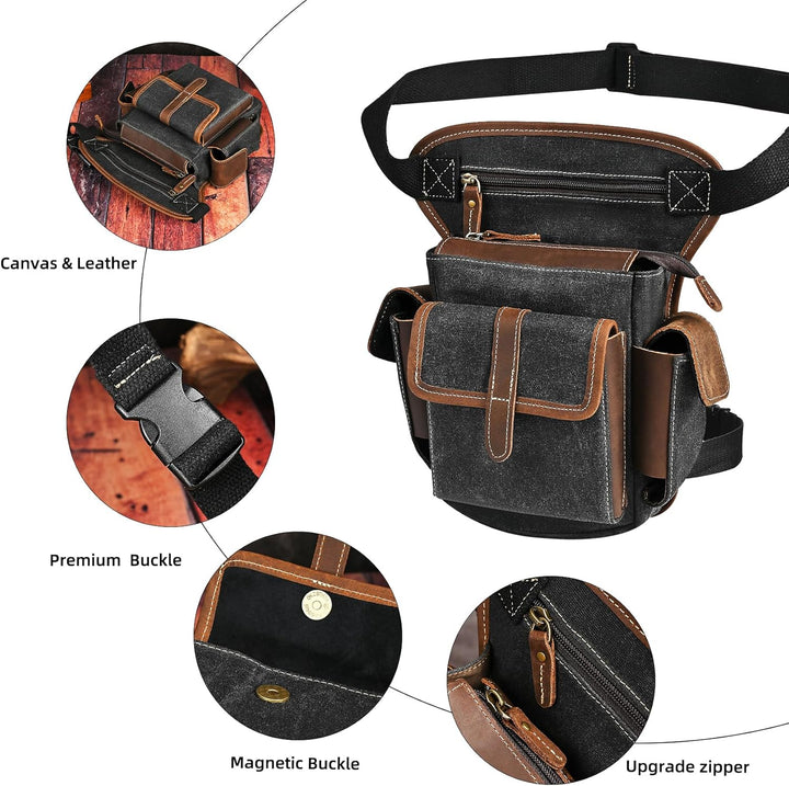Herren Canvas + Leder Motorrad Reiten Tasche Beinbeutel Beintasche Aussenbeintasche Hüfttasche Drop