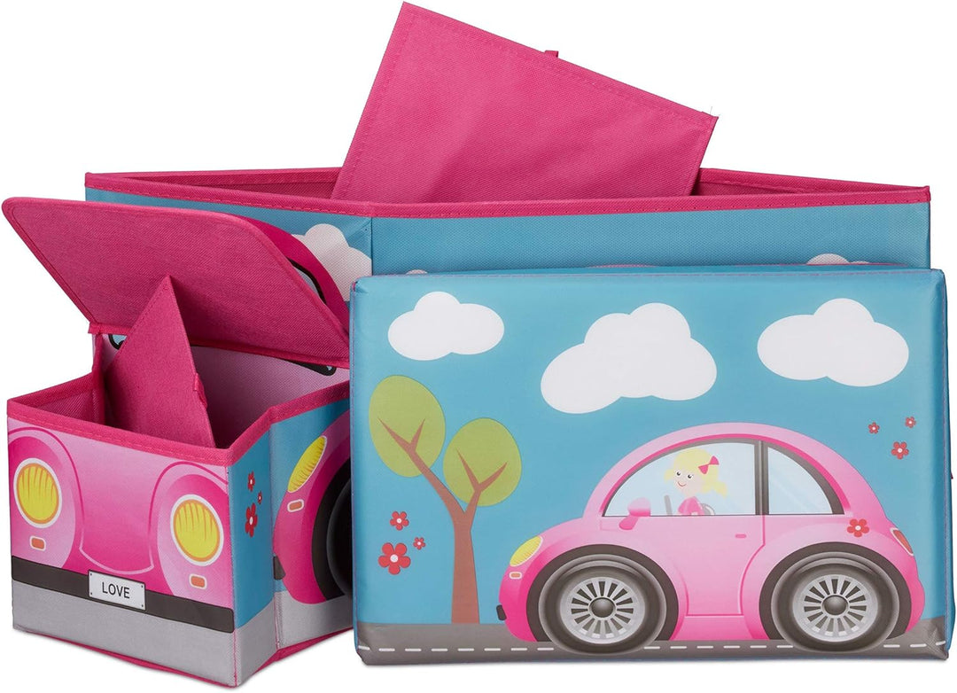 Relaxdays Sitzbox Kinder, Staubox mit Deckel, Spielzeug, faltbar, Motiv Auto, Stauraum, Jungen &amp; Mäd