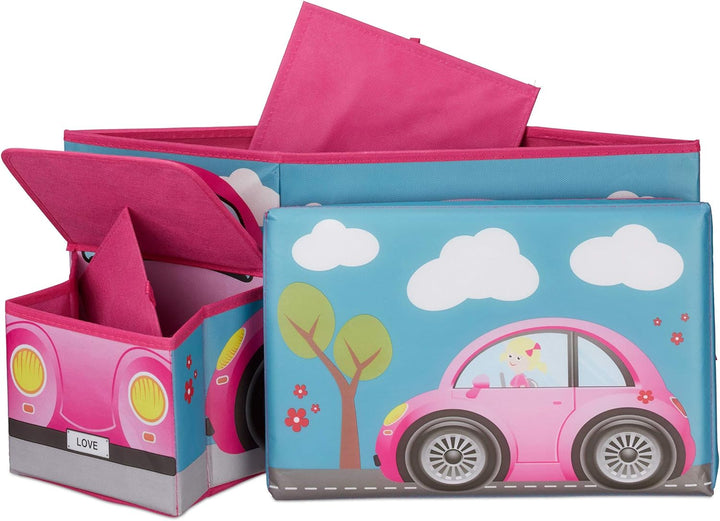 Relaxdays Sitzbox Kinder, Staubox mit Deckel, Spielzeug, faltbar, Motiv Auto, Stauraum, Jungen &amp; Mäd