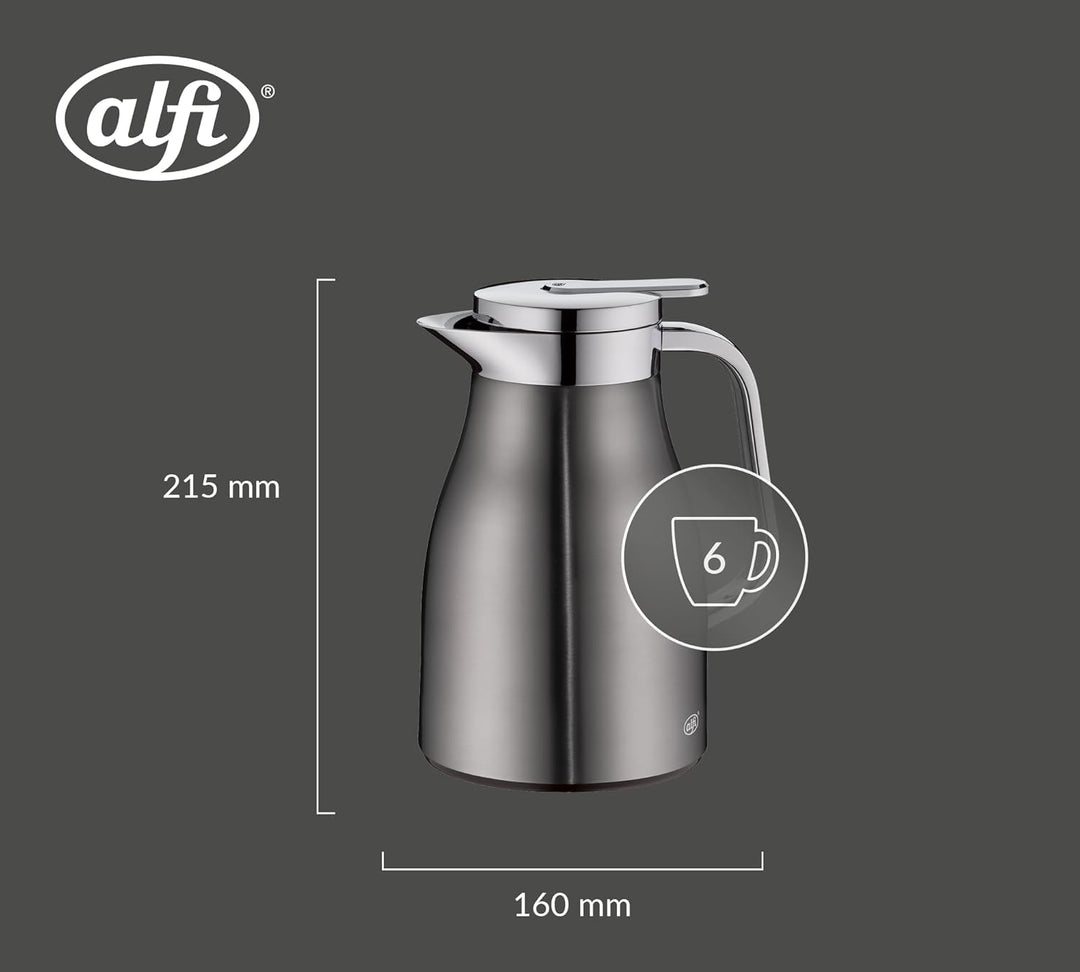 alfi SKYLINE 650ml, cool grey mat, Edelstahl-Isolierkanne mit hygienischem Hartglaseinsatz, Drehvers