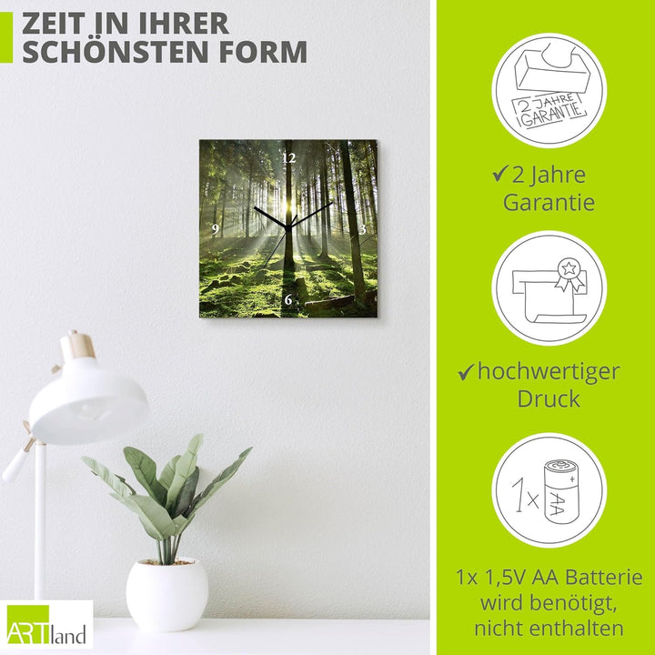 ARTLAND Wanduhr ohne Tickgeräusche Leinwand Quarzuhr 30x30 cm Quadratisch Lautlos Natur Design Wald