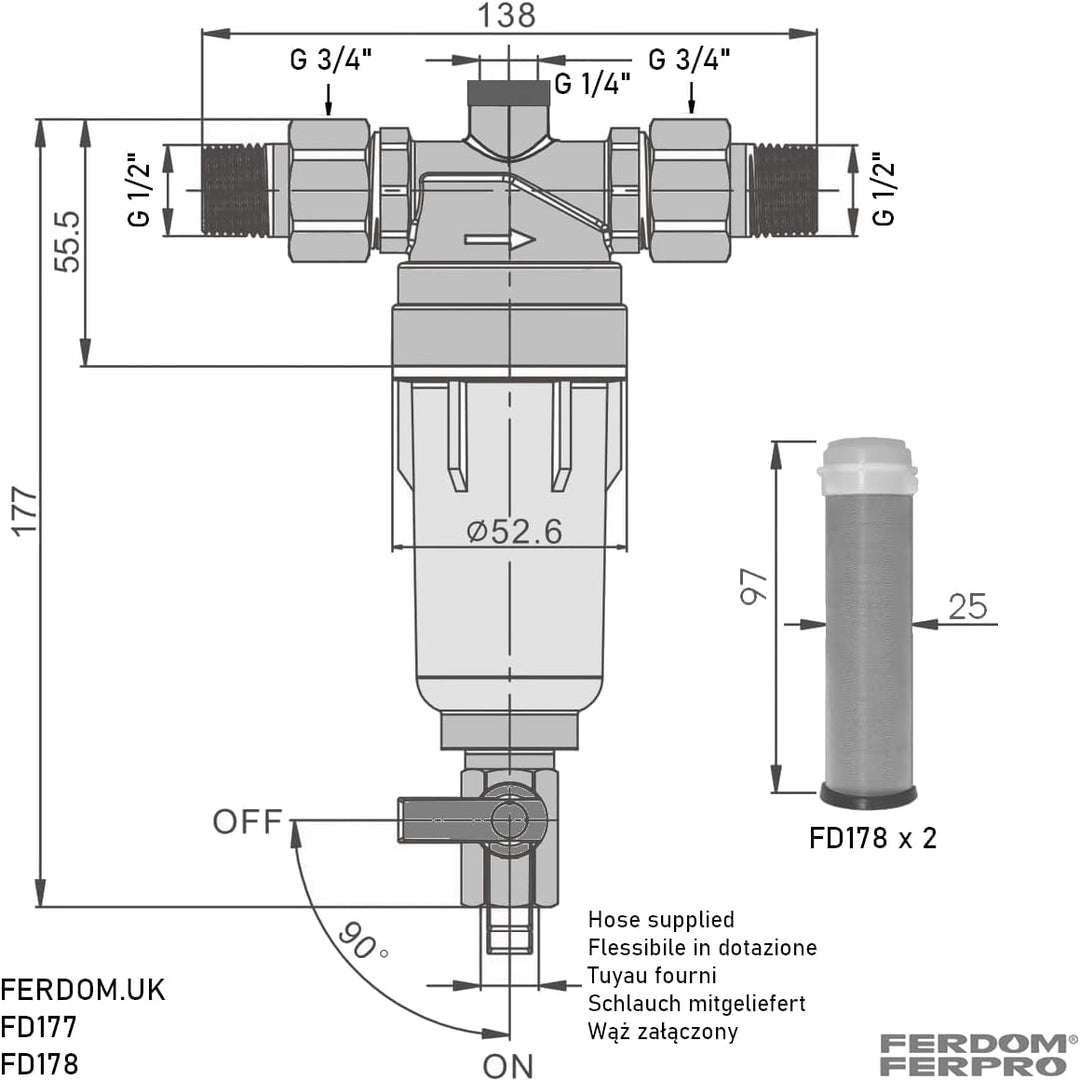 FERDOM FD177 Vorfilter Wasserfilter für Sedimente, Wiederverwendbar. Edelstahl SS316L, 90 Mikron, 1,