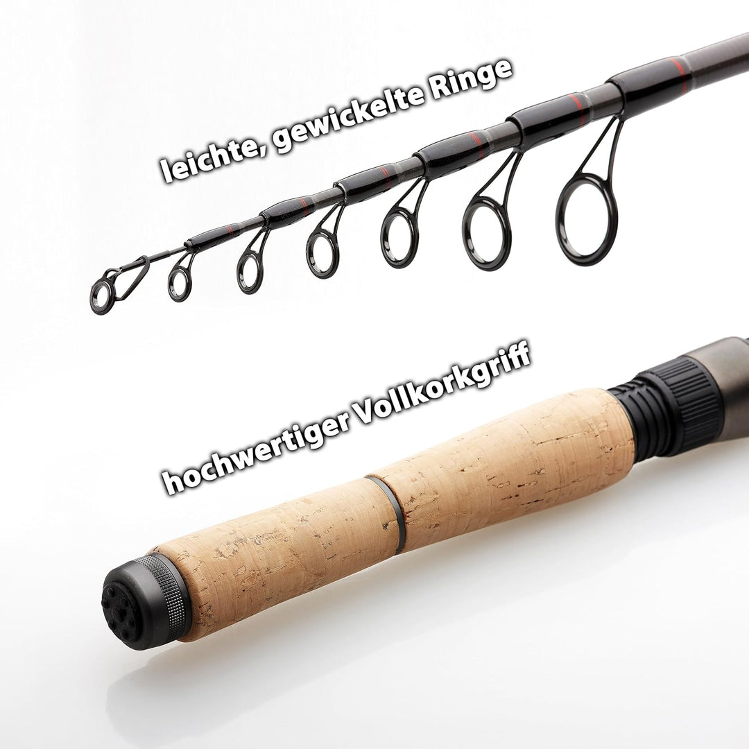 Fischzeux Angelset Forelle komplett – Mini Spin Profi Reiseruten-Set 2,10 m