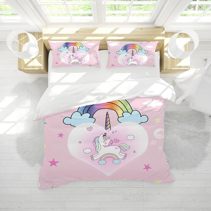 AOXHFNV Rosa Einhorn Bettbezug,Schöner Regenbogen weisse Wolke Einhorn Mädchen Kinder Bettwäsche 135