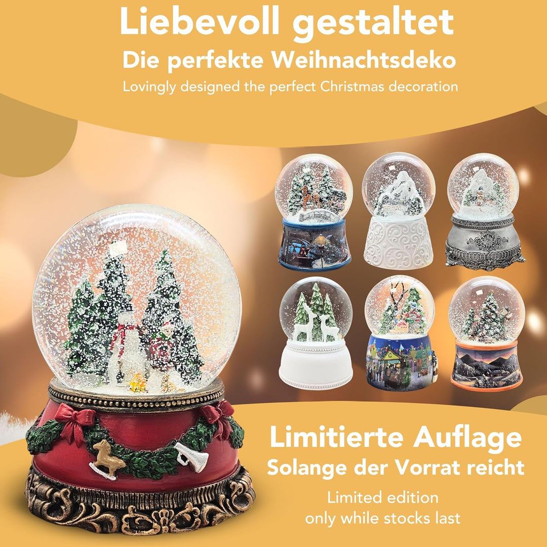 Schneekugel Schneemann Steht Kind auf Schlitten | Sockel Weihnachten rot Tannengirlande | mit Spielu