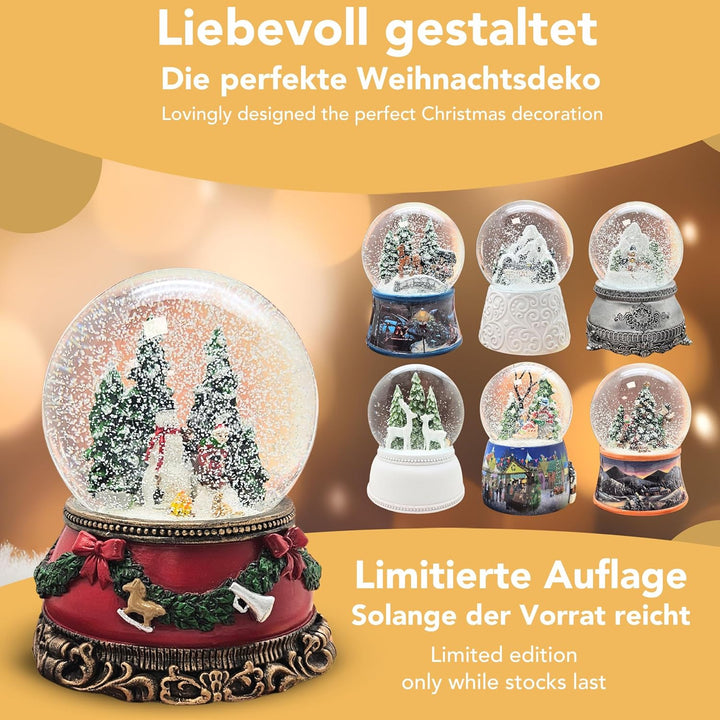 Schneekugel Schneemann Steht Kind auf Schlitten | Sockel Weihnachten rot Tannengirlande | mit Spielu