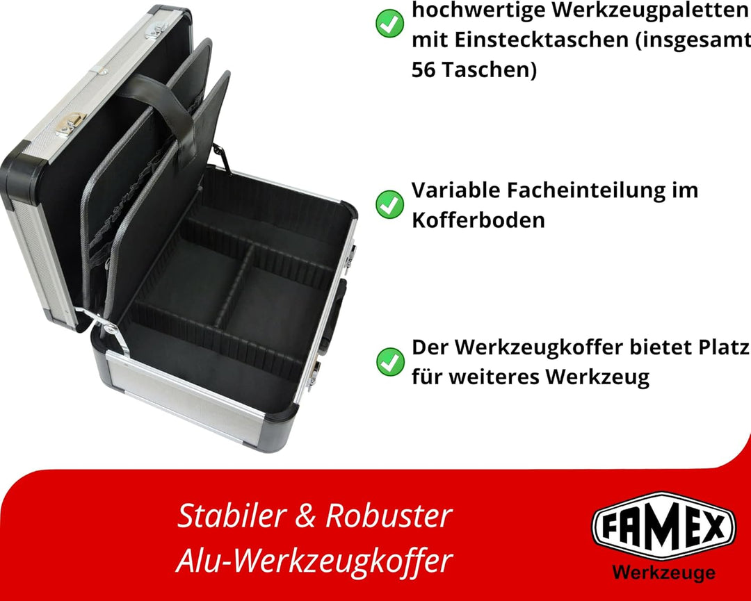 FAMEX 420-18 Alu Werkzeugkoffer gefüllt mit Top Werkzeug Set und Steckschlüsselsatz - Werkzeugkasten