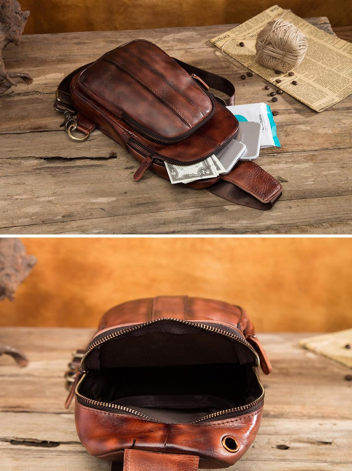Le'aokuu Herren Echtes Leder Brusttasche Crossbody Bag Sling Bag Schultertasche Gurteltasche Umhänge