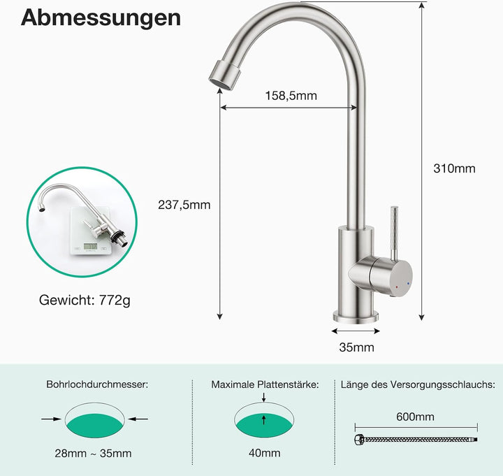 Faustina Spültischarmatur Wasserhahn Armatur Küche, Einhebelmischer Küchenarmatur Hochdruck Einhand-