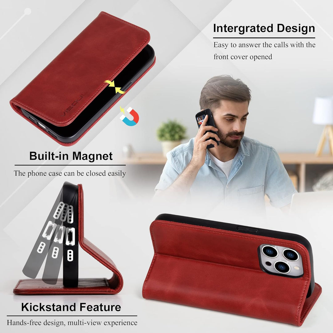 VISOUL Hülle für iPhone 14 Pro Handyhülle [Echtleder] [3 Kartenfächer] [Magnet] [Standfunktion], TPU