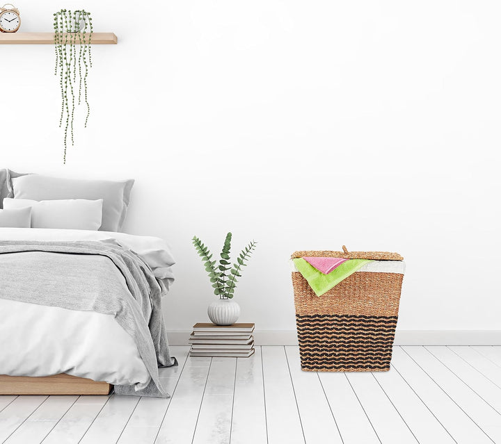 Relaxdays Wäschekorb mit Deckel, aus Seegras, Baumwoll-Wäschesack 87L, HxBxT: 50x50x40 cm, Wäschebeh