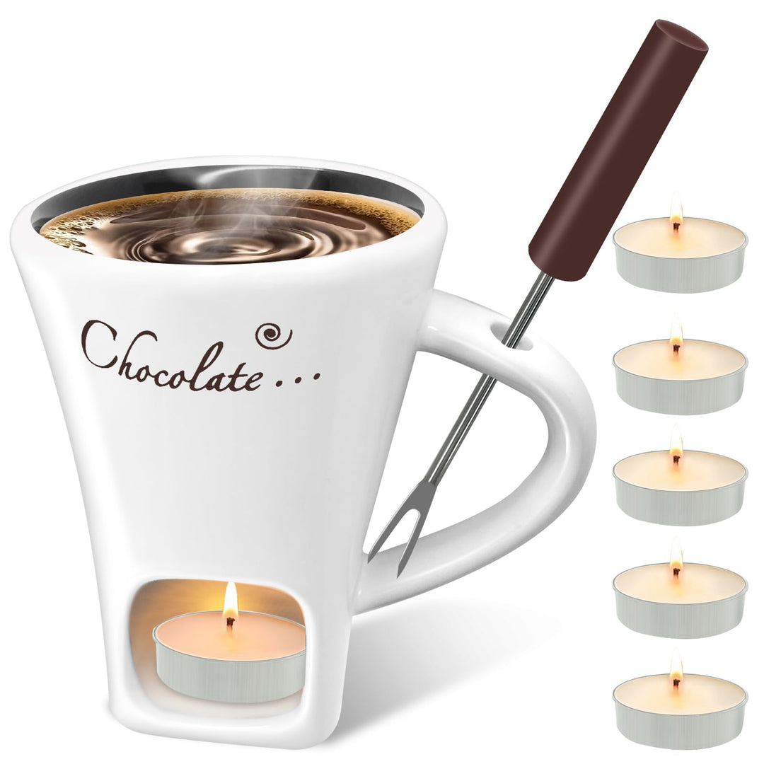 Schokofondue Tasse, 200ml Schokoladen Fondue Becher Set, Keramik Schokoladenfondue Set, mit Gabel un